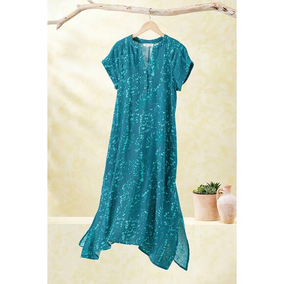 NEW Coldwater Creek Gauze Caftan Size XL Teal Batik Brushstroke Lagenlook Cotton - Picture 4 of 15